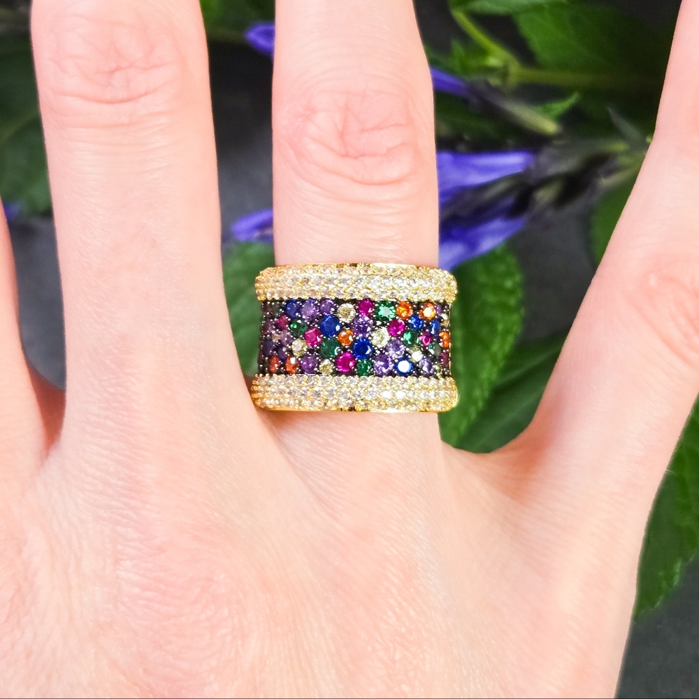 NIB Juvell 18k Gold Plated Multicolor CZ Crystal Statement Ring, Size 6🌼